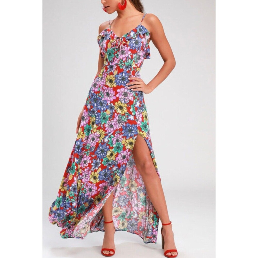 Lulu’s Women's Dynah Red Floral Print Sleeveless Maxi Dress Size Small